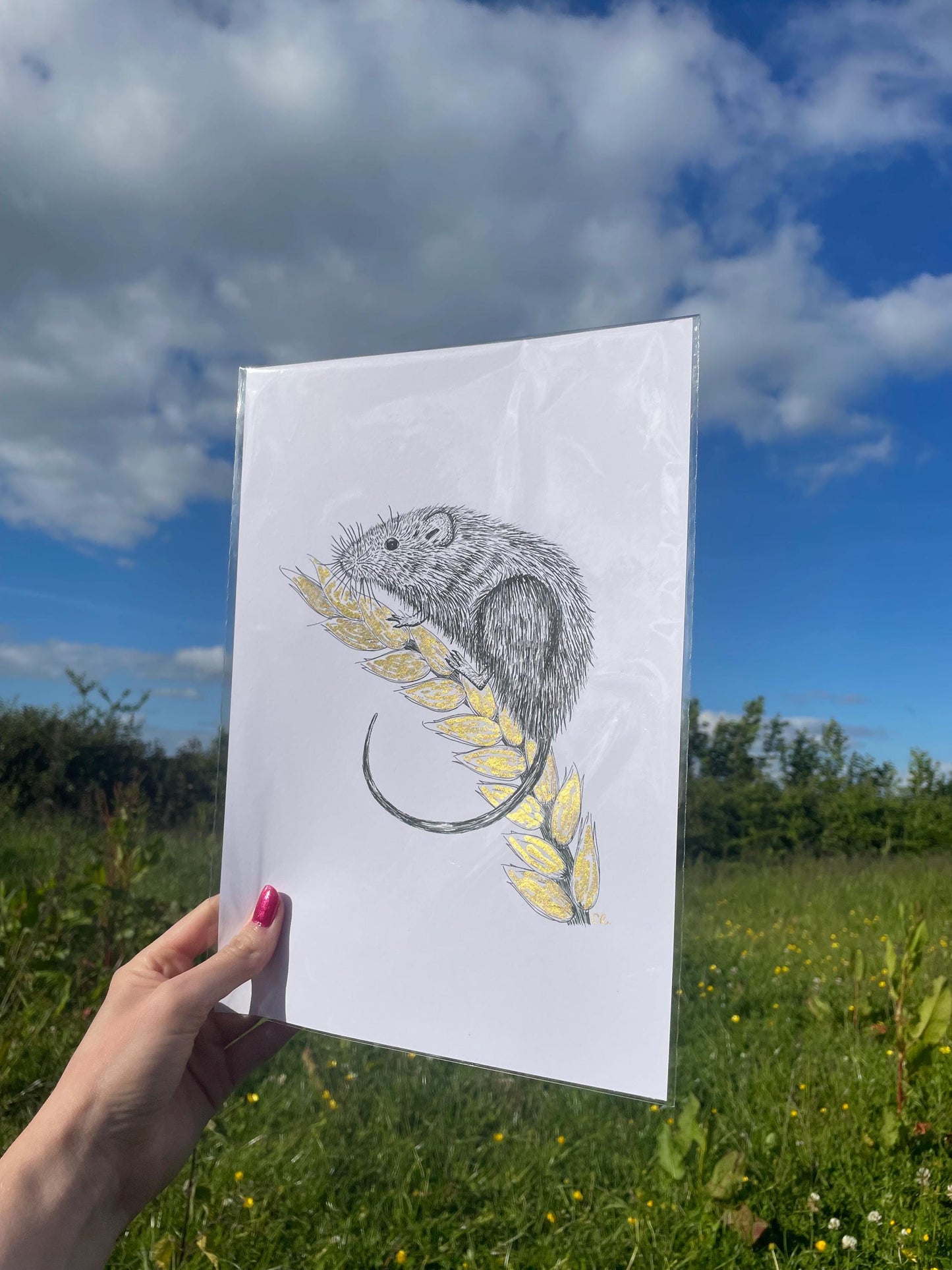 A4 Field Mouse Art Print with gold ink and signature