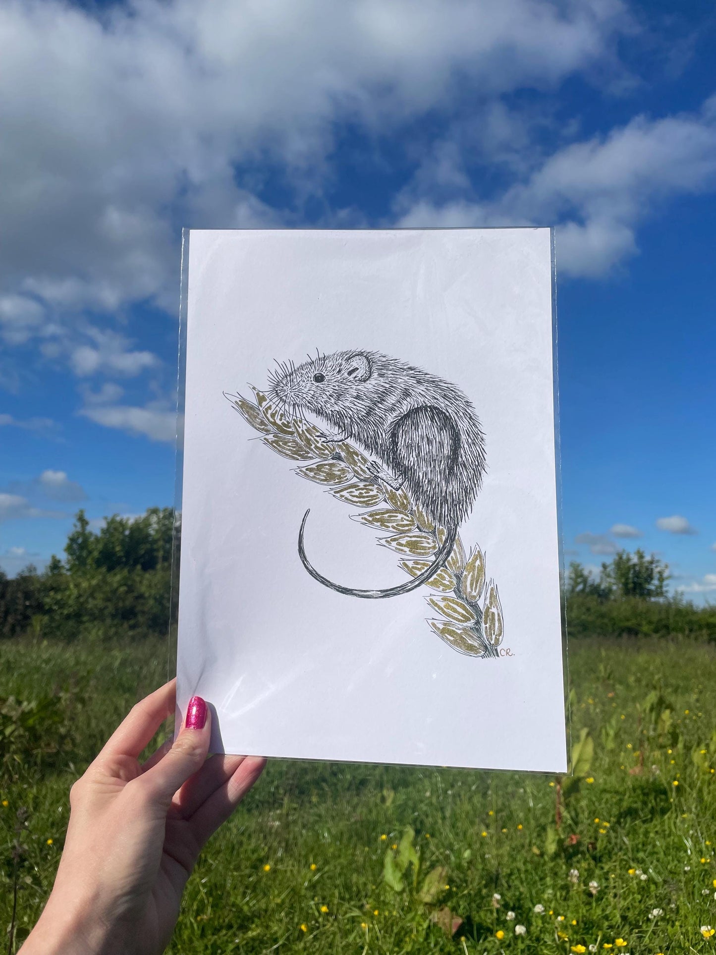 A4 Field Mouse Art Print with gold ink and signature