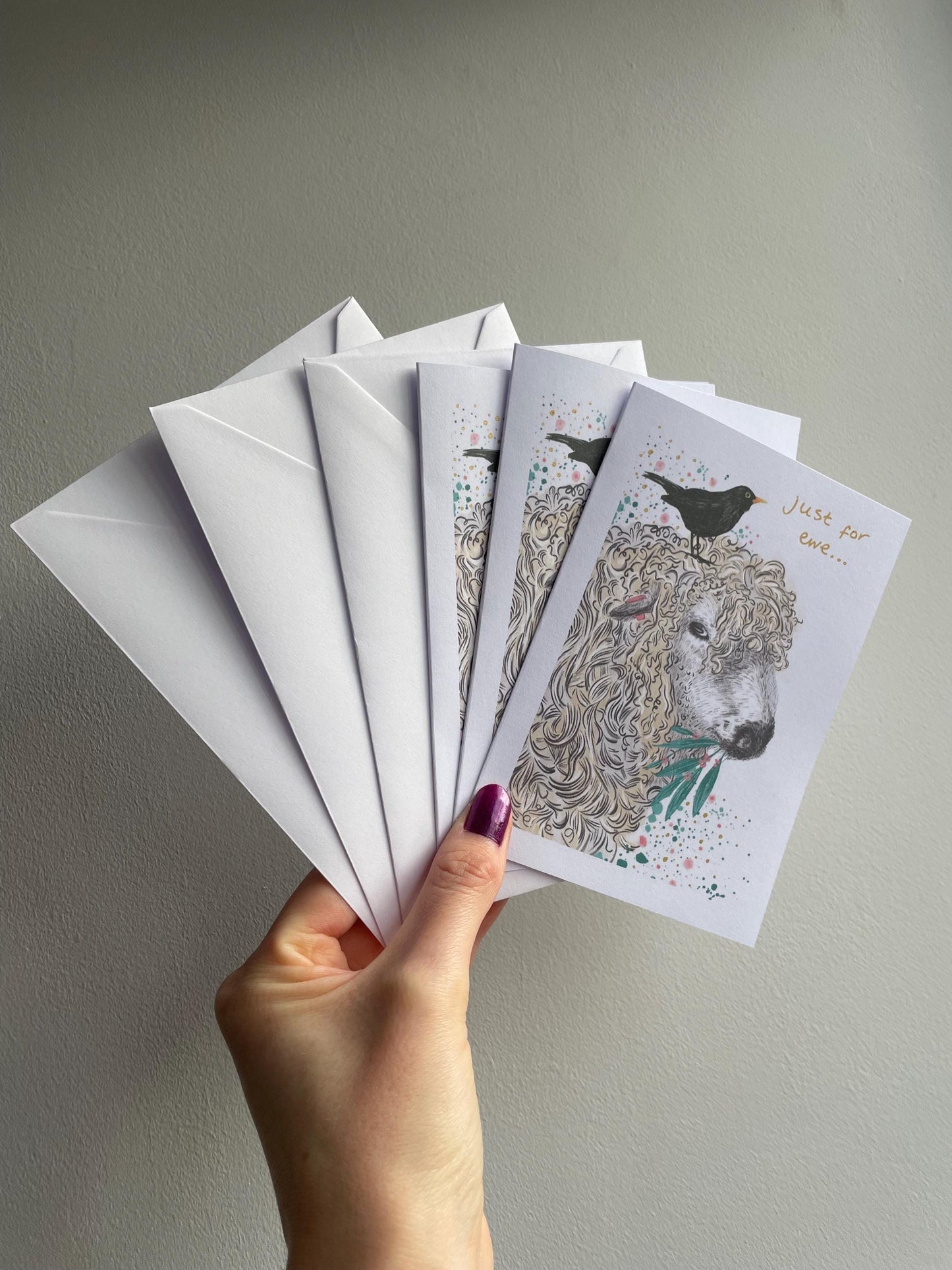 Sheep and blackbird A6 Cards, set of 3: Handmade, Gold details, FREE DELIVERY