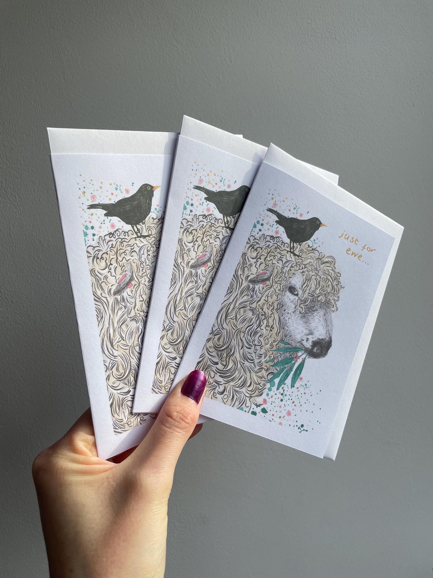 Sheep and blackbird A6 Cards, set of 3: Handmade, Gold details, FREE DELIVERY
