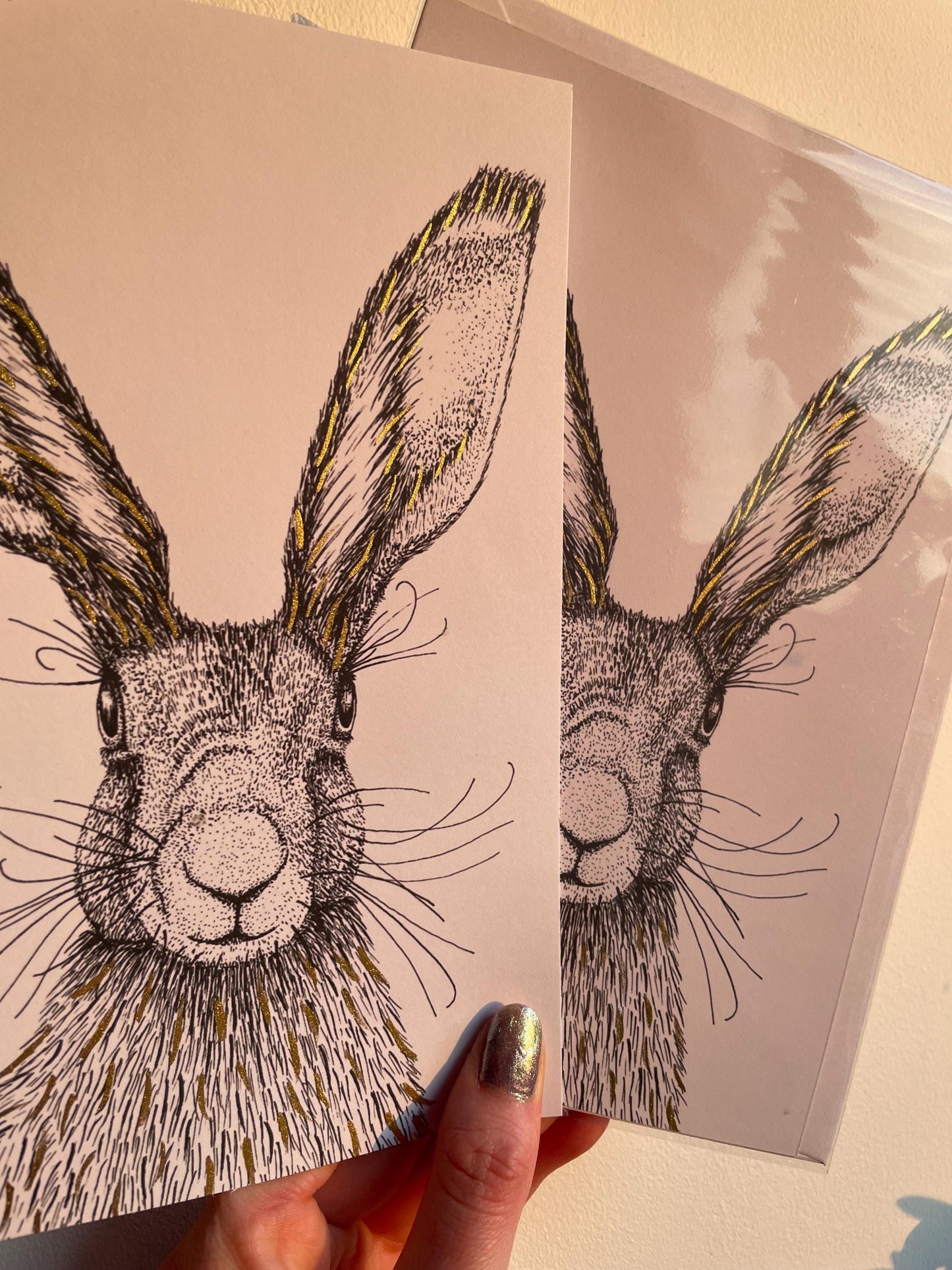 Hare A5 Card: Black and White Hare Drawing with Hand Painted Gold Ink Detail, FREE DELIVERY