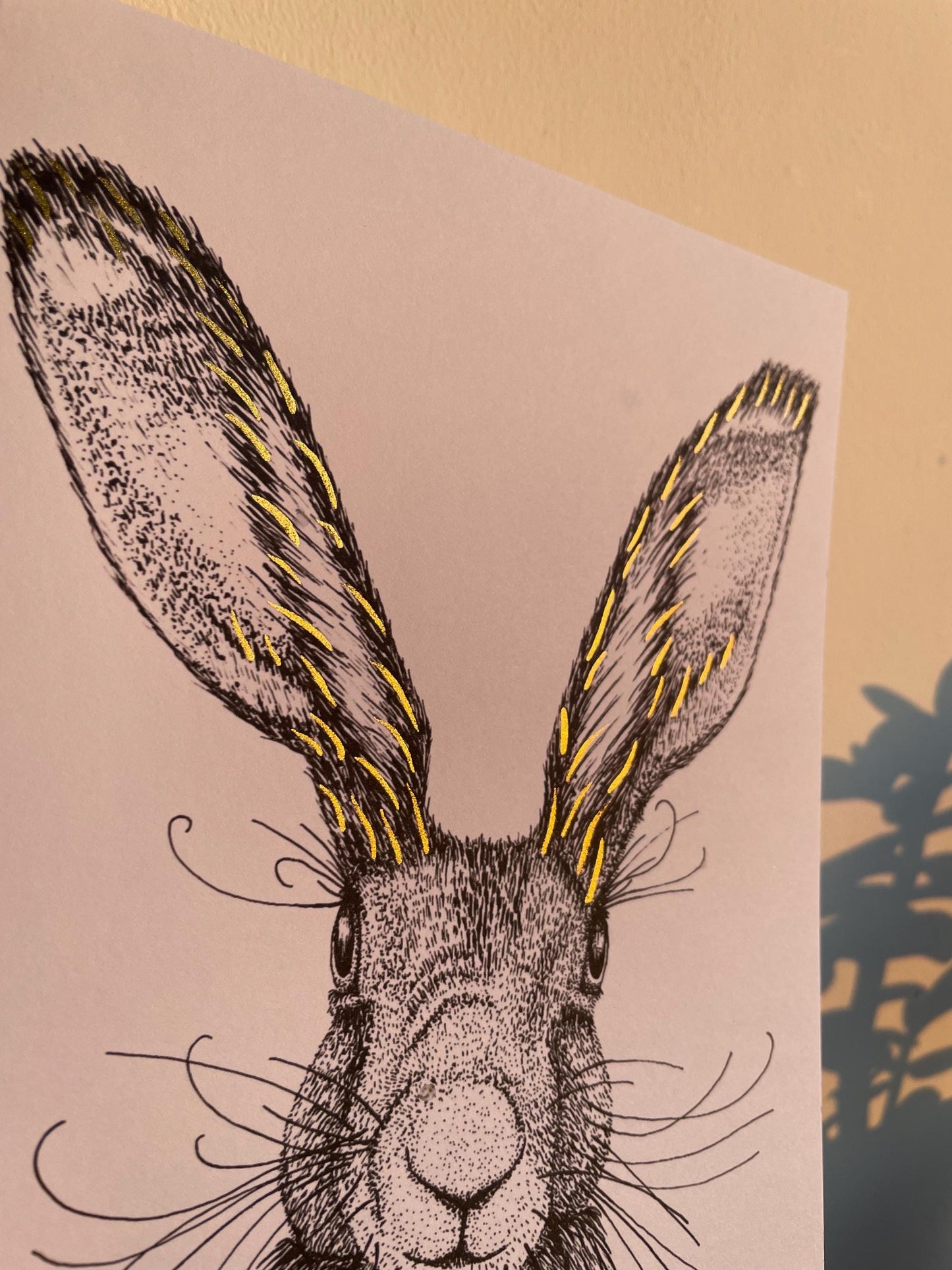 Hare A5 Card: Black and White Hare Drawing with Hand Painted Gold Ink Detail, FREE DELIVERY