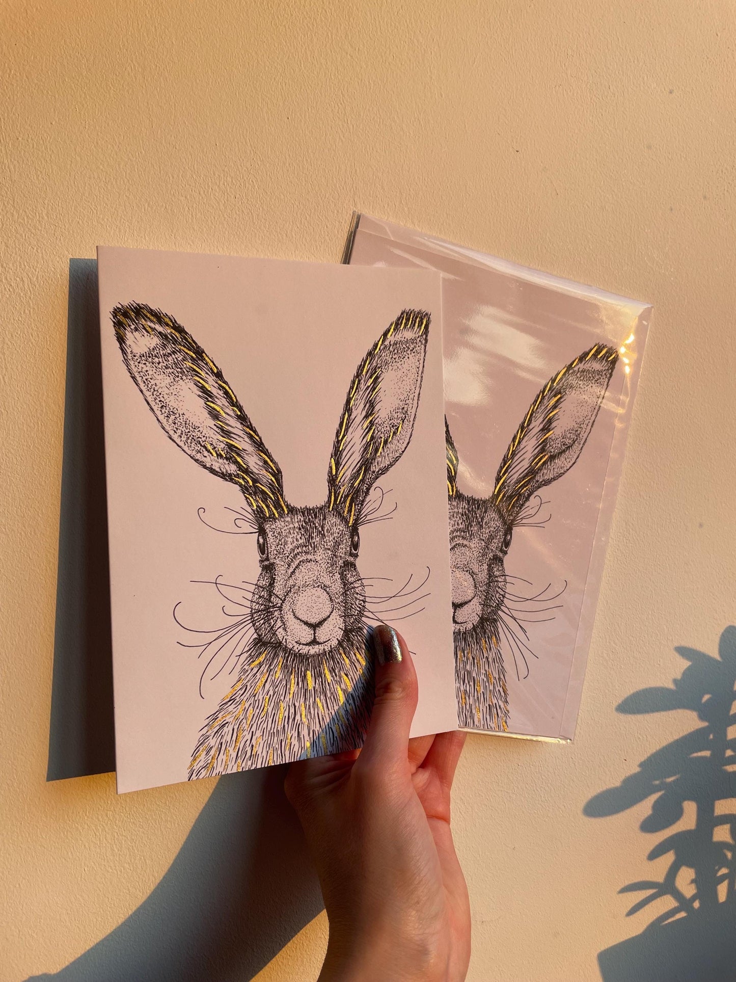 Hare A5 Card: Black and White Hare Drawing with Hand Painted Gold Ink Detail, FREE DELIVERY