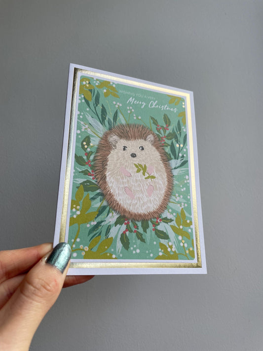 Christmas Hedgehog A6 Cards, set of 3: Handmade, Gold foil, FREE DELIVERY