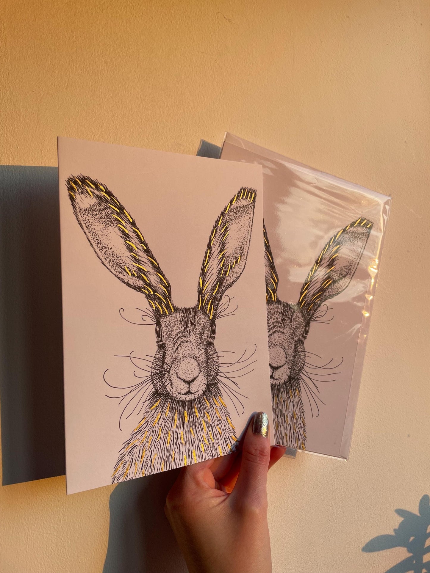Hare A5 Card: Black and White Hare Drawing with Hand Painted Gold Ink Detail, FREE DELIVERY