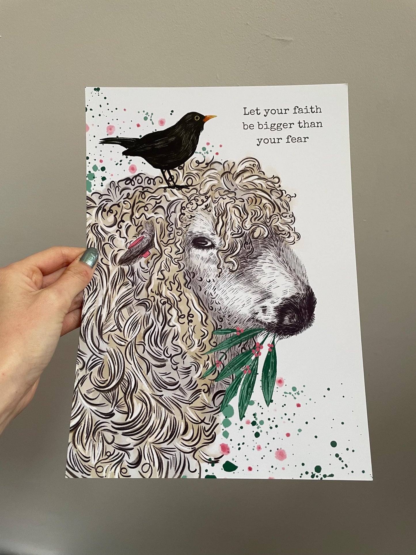 Sheep and Blackbird Art Print: Farmers, animal lovers, Signed A4 Glossy Print, FREE DELIVERY