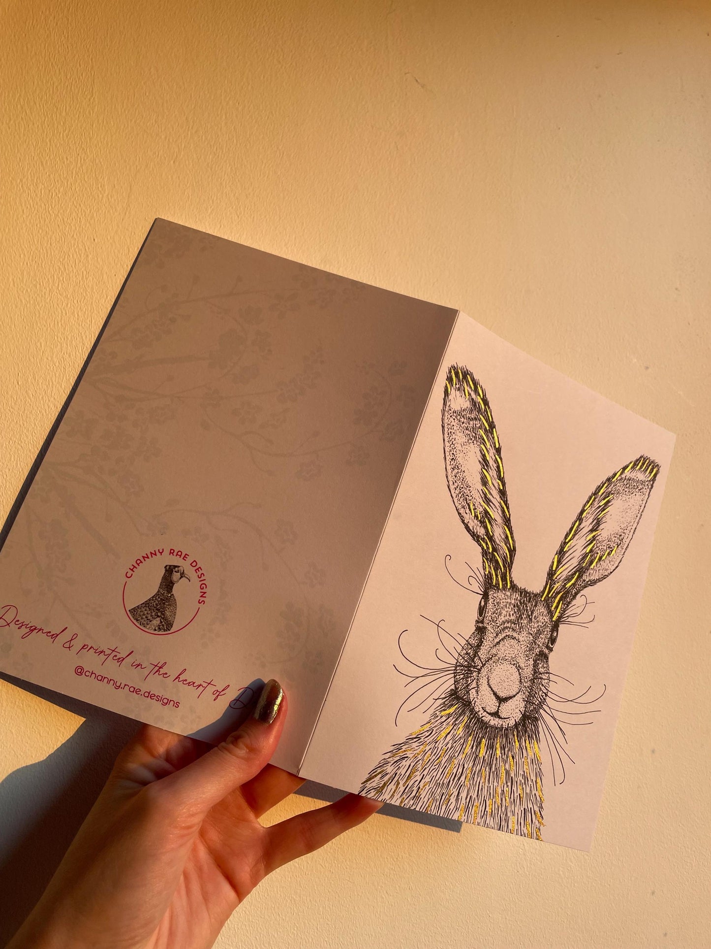 Hare A5 Card: Black and White Hare Drawing with Hand Painted Gold Ink Detail, FREE DELIVERY