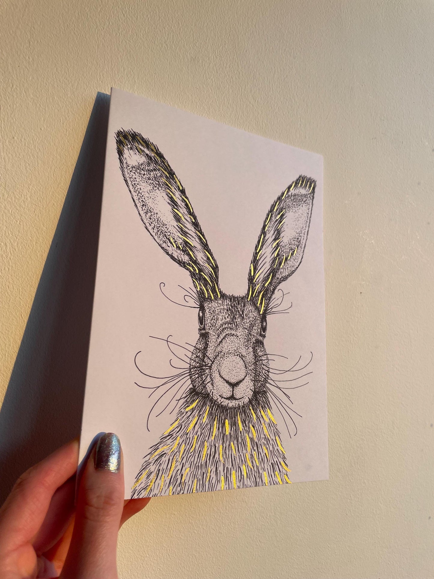 Hare A5 Card: Black and White Hare Drawing with Hand Painted Gold Ink Detail, FREE DELIVERY