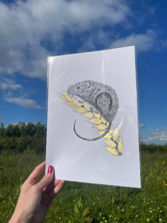 A4 Field Mouse Art Print with gold ink and signature