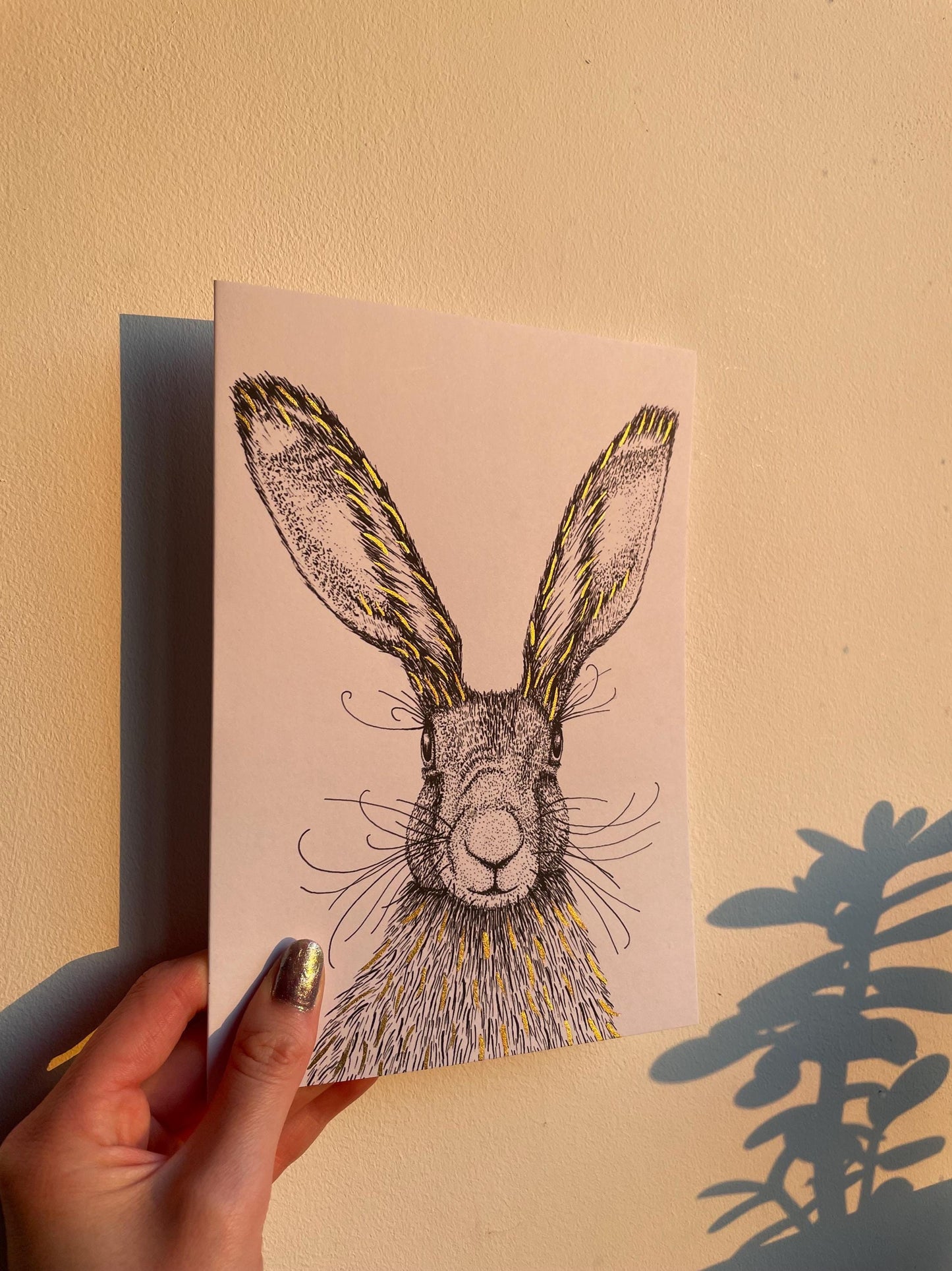 Hare A5 Card: Black and White Hare Drawing with Hand Painted Gold Ink Detail, FREE DELIVERY
