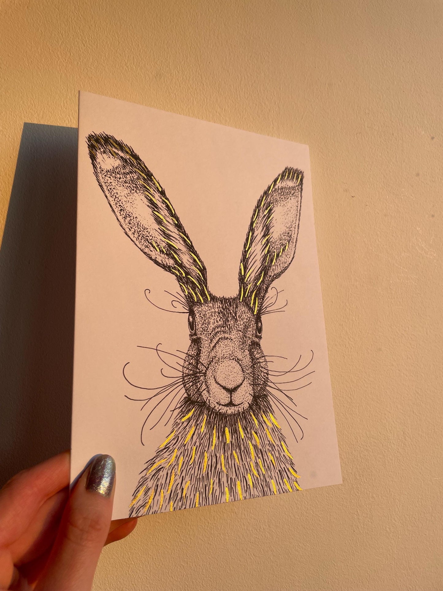Hare A5 Card: Black and White Hare Drawing with Hand Painted Gold Ink Detail, FREE DELIVERY