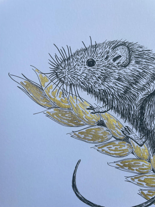 A4 Field Mouse Art Print with gold ink and signature