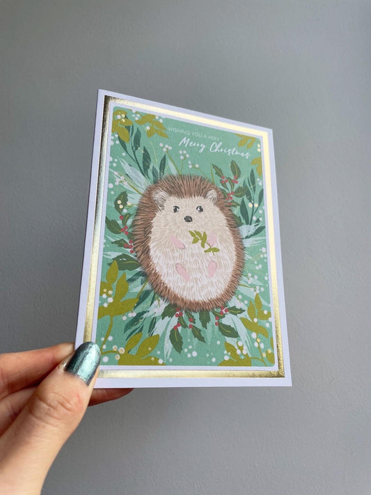 Christmas Hedgehog A6 Cards, set of 3: Handmade, Gold foil, FREE DELIVERY