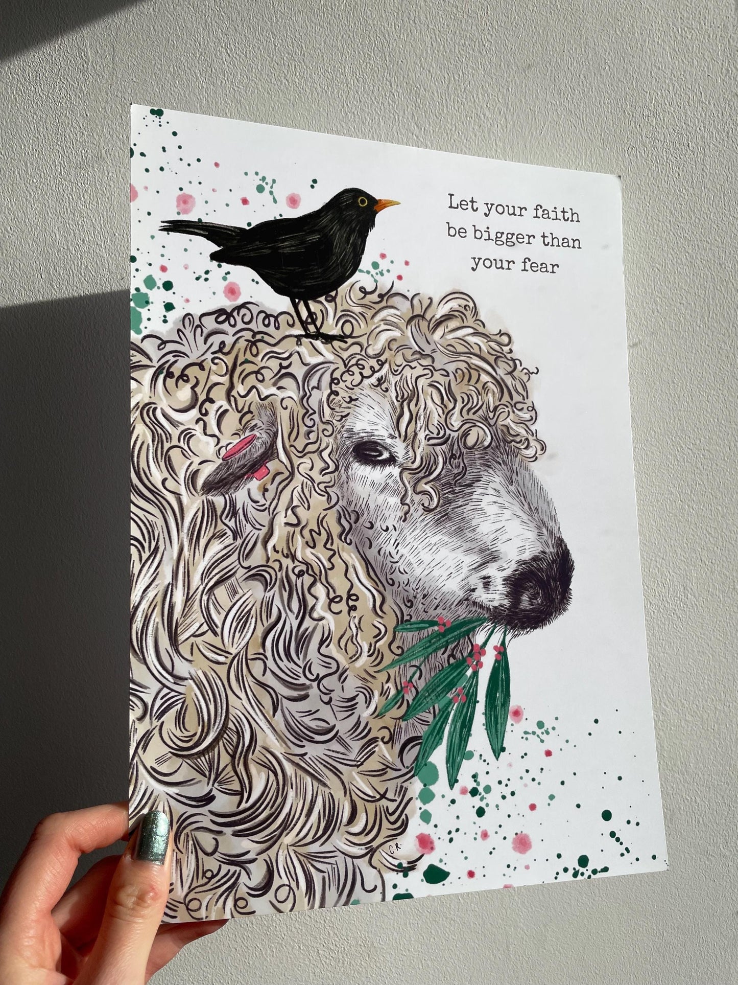 Sheep and Blackbird Art Print: Farmers, animal lovers, Signed A4 Glossy Print, FREE DELIVERY