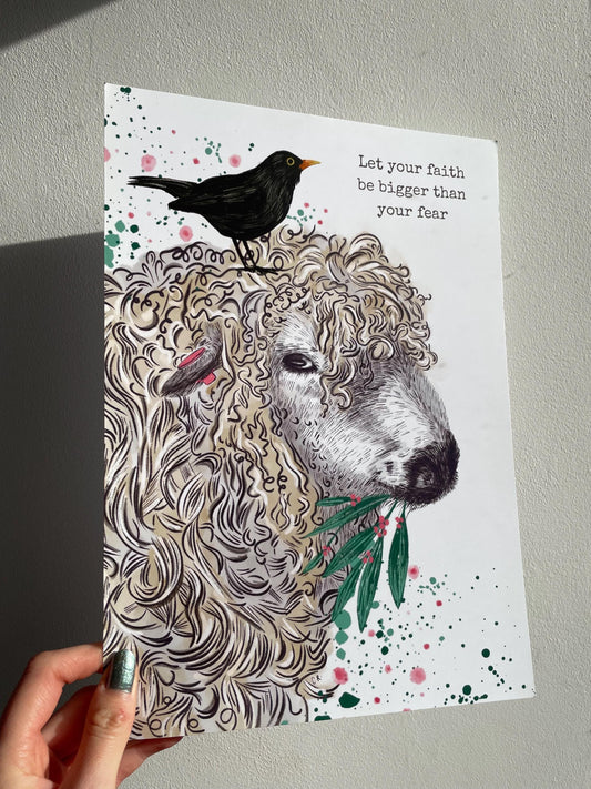 Sheep and Blackbird Art Print: Farmers, animal lovers, Signed A4 Glossy Print, FREE DELIVERY